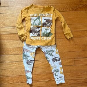 Kids Construction Pajama Set - Mustard Yellow Top with Vehicle Print Pants
